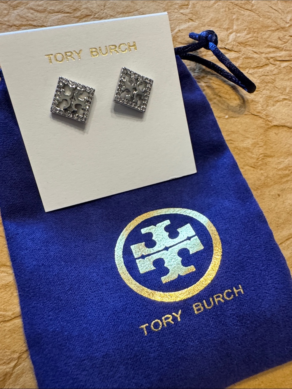 Tory Burch Silver Tone Crystal Square Logo Stud Earrings